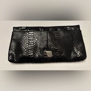 Perlina Black Snakeskin-Embossed Leather  Clutch‎ Bag